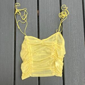 Sheer yellow mesh ruched cami with thin bow tie straps, summer indie sleaze